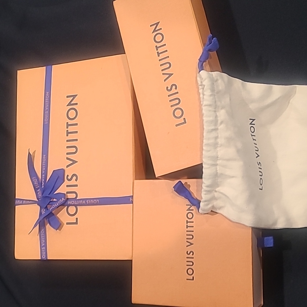 3 Louis Vuitton boxes with a 8 inch×8 dust bag and 2 receipt folders